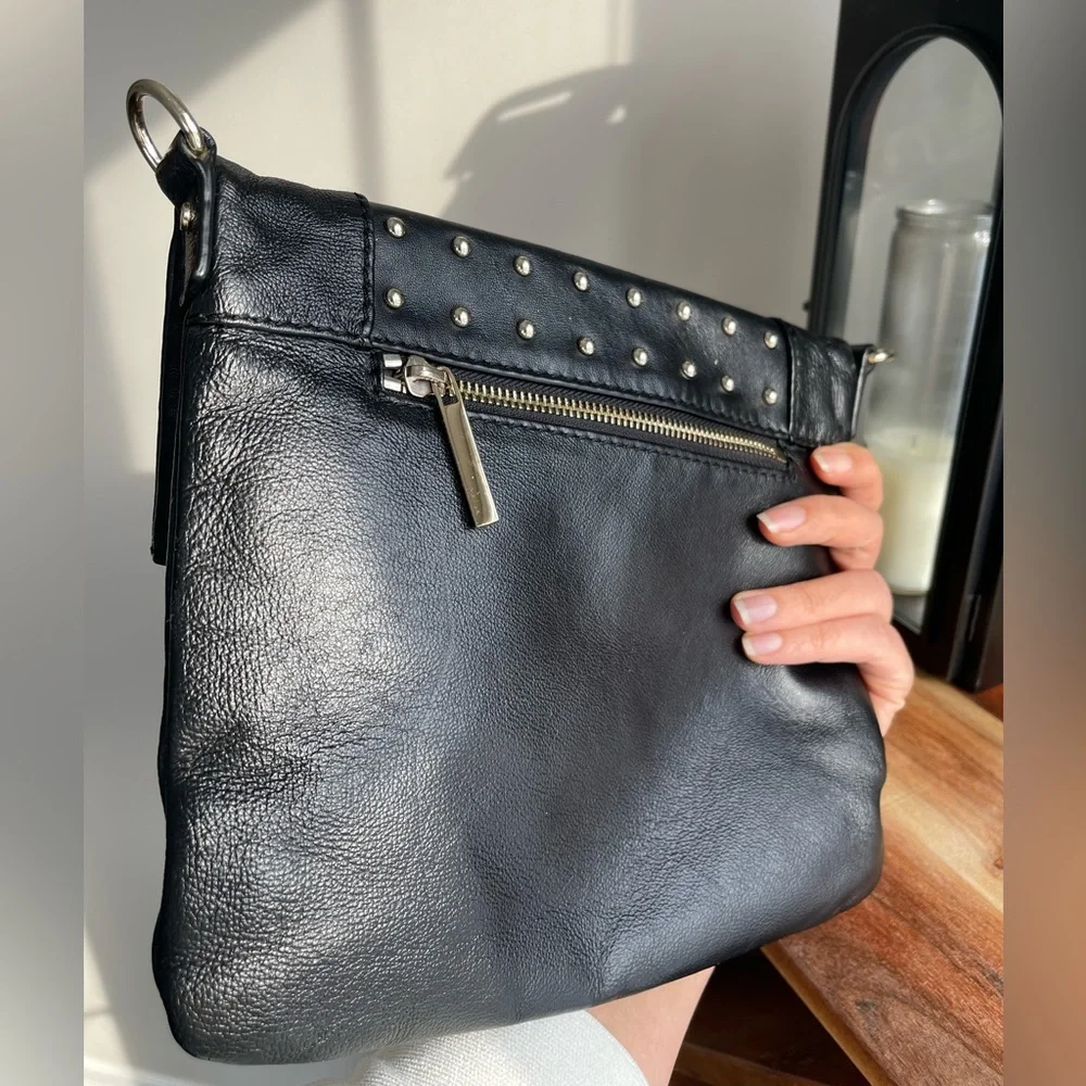 Danier | Black Studded Leather HandBag, Silver Strip Detail, Magnet Closure - Picture 11 of 14
